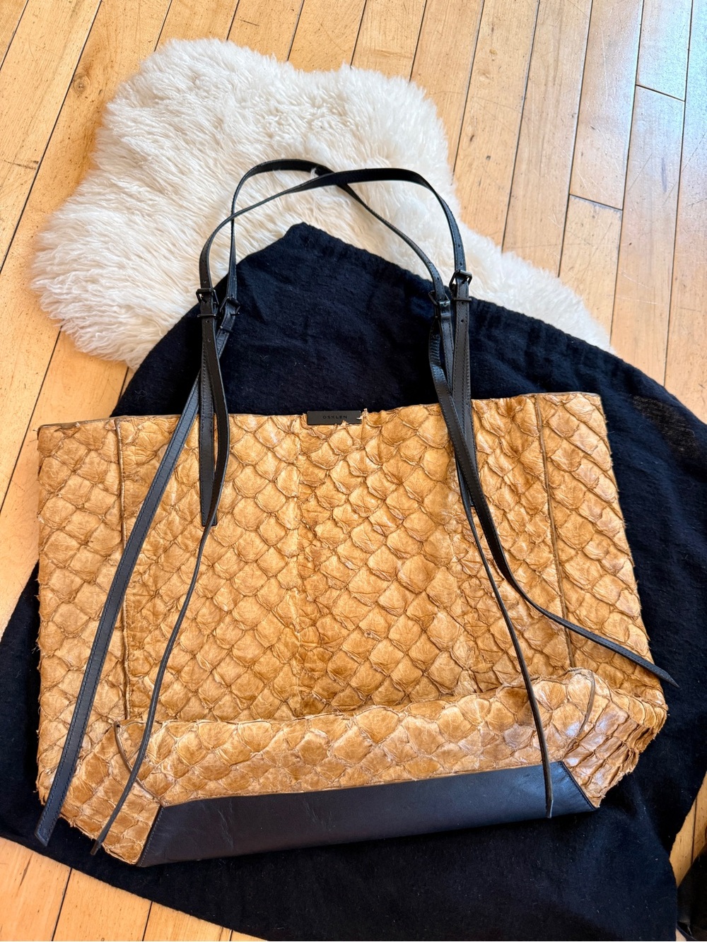 Real Osklen fish skin Tan Tote Bag with Black Trim made in Rio De Janeiro